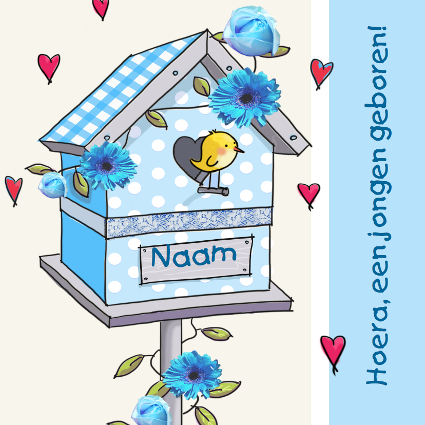 Felicitatie geboortehuisje vogel blauw - Felicitatiekaarten Felicitatiekaarten - Felicitatie geboortehuisje vogel blauw