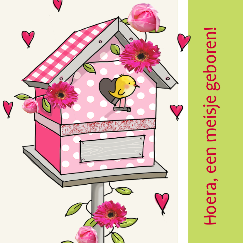 Felicitatie geboortehuisje vogel roze - Felicitatiekaarten Felicitatiekaarten - Felicitatie geboortehuisje vogel roze