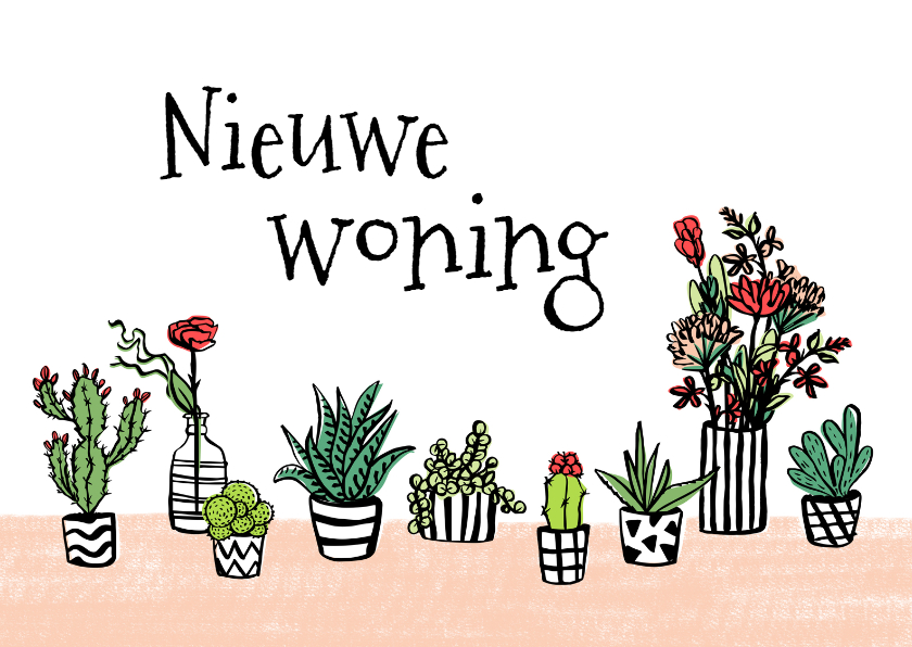 Felicitatiekaarten - Felicitatie huis met plantjes en bloemen