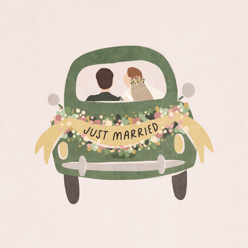 Felicitatiekaarten - Felicitatie huwelijk versierde auto 'just married'