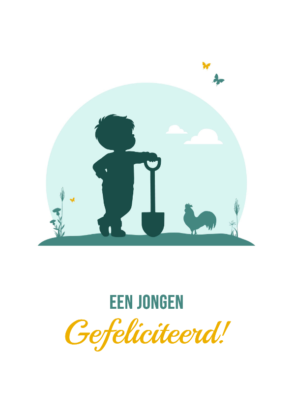 Felicitatiekaarten - Felicitatie jongetje met schep en dieren