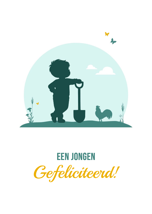 Felicitatie jongetje met schep en dieren - Felicitatiekaarten Felicitatiekaarten - Felicitatie jongetje met schep en dieren