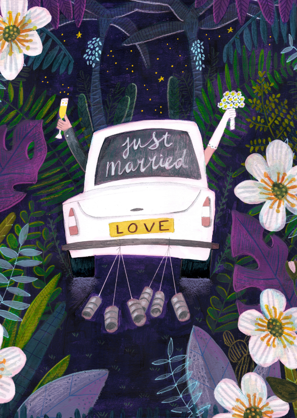 Felicitatiekaarten - Felicitatie kaart avontuur trouwen auto