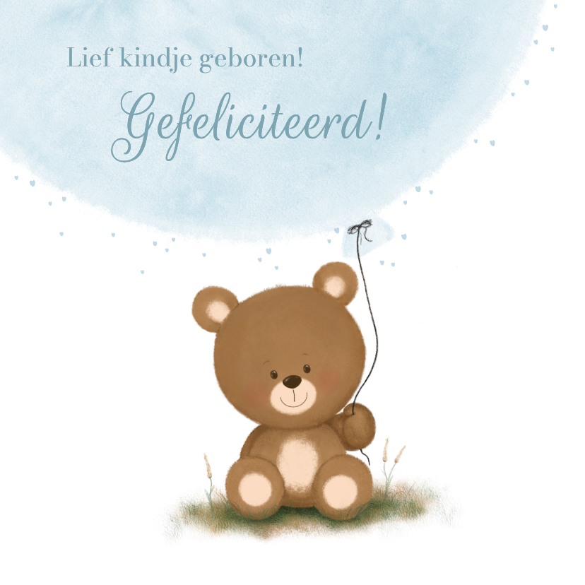 Felicitatiekaarten - Felicitatie kaart geboorte jongen beertje met blauwe ballon