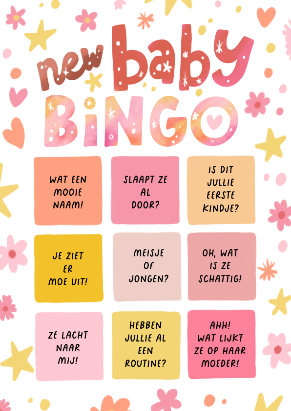 Felicitatiekaarten - Felicitatie kaart geboorte meisje grappige bingo met bloemen