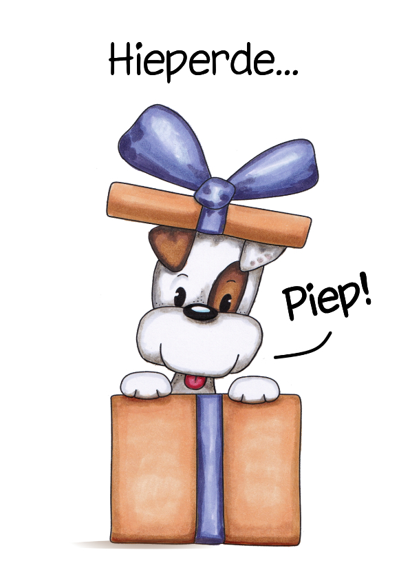 Felicitatie kaart hond piept uit cadeau - Felicitatiekaarten Felicitatiekaarten - Felicitatie kaart hond piept uit cadeau