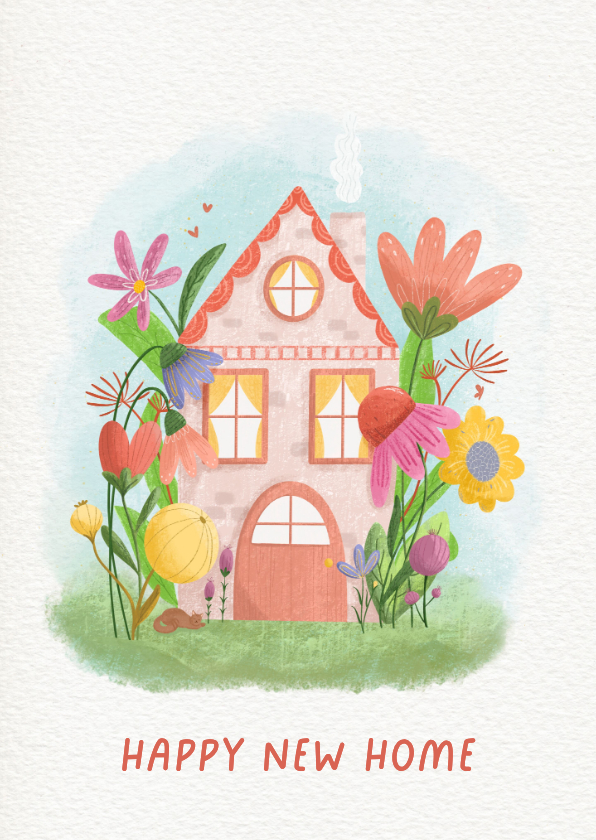 Felicitatiekaarten - Felicitatie kaart met een huis tussen kleurrijke bloem