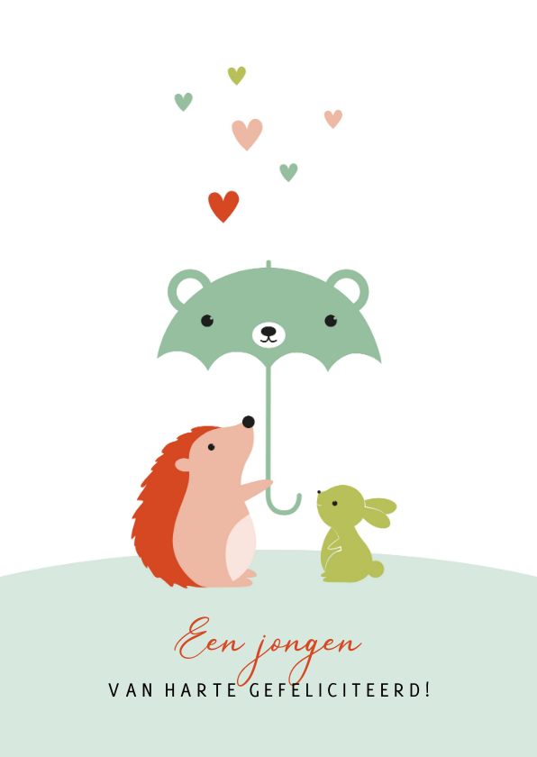 Felicitatiekaarten - Felicitatie met egel, konijn en paraplu