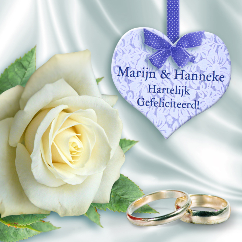 Felicitatie met roos, kanten hart en ringen op wit - Felicitatiekaarten Felicitatiekaarten - Felicitatie met roos, kanten hart en ringen op wit