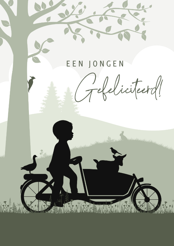 Felicitatiekaarten - Felicitatie met silhouet jongen in bakfiets