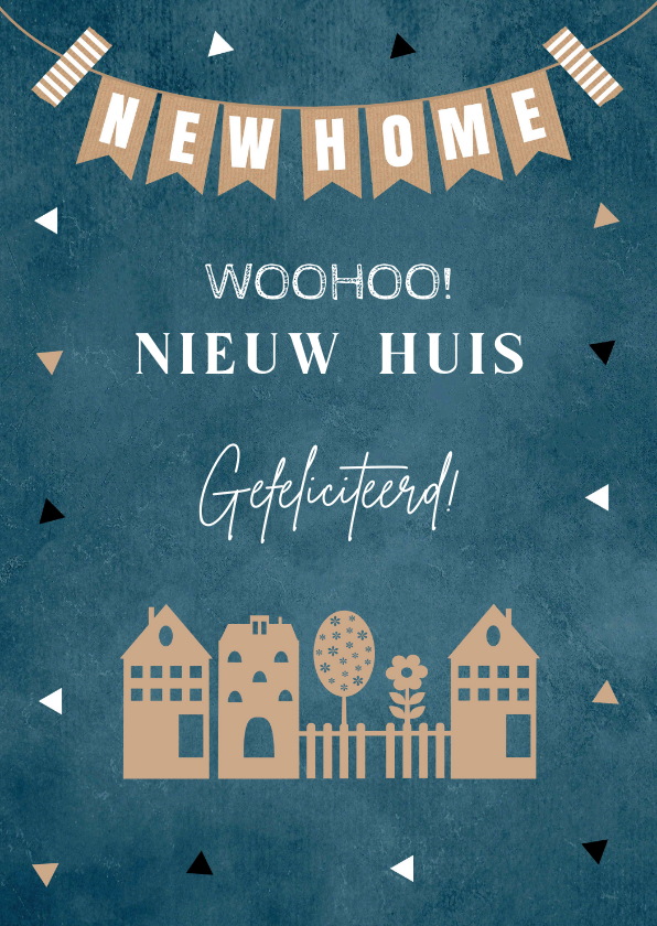 Felicitatiekaarten - Felicitatie nieuwe woning blauw slinger huisjes