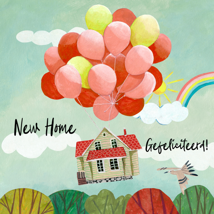 Felicitatiekaarten - Felicitatie nieuwe woning huis aan ballonnen