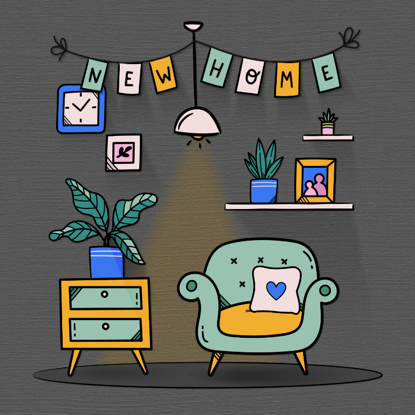 Felicitatie nieuwe woning illustratie uitgelichte woonkamer - Felicitatiekaarten Felicitatiekaarten - Felicitatie nieuwe woning illustratie uitgelichte woonkamer
