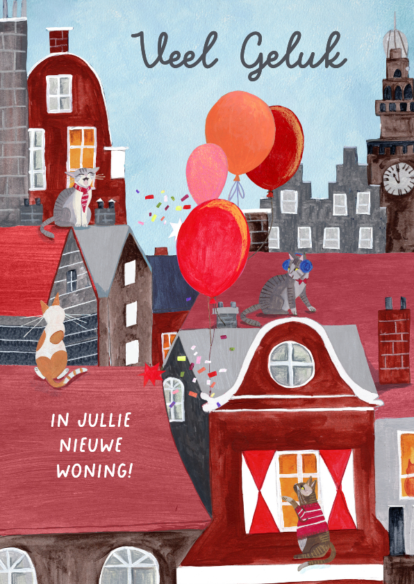 Felicitatiekaarten - Felicitatie nieuwe woning kaart katten stad illustratie
