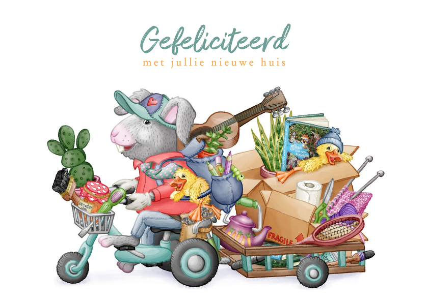 Felicitatiekaarten - Felicitatie nieuwe woning vrolijk konijn op fiets dozen