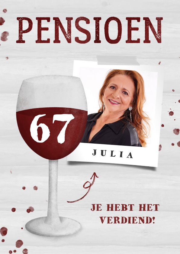 Felicitatiekaarten - Felicitatie pensioen wijnglas met foto en leeftijd