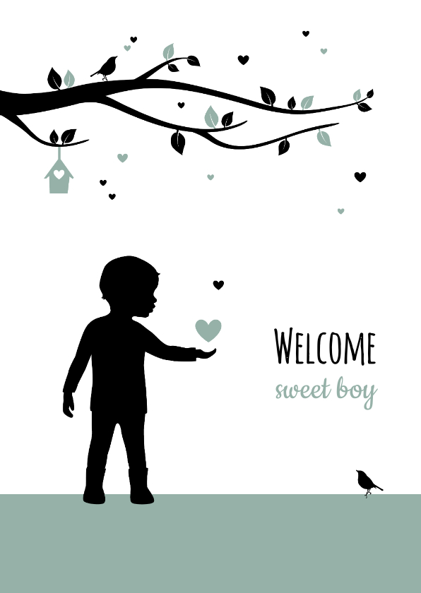 Felicitatiekaarten - Felicitatie - Silhouet jongetje met boom en hartjes