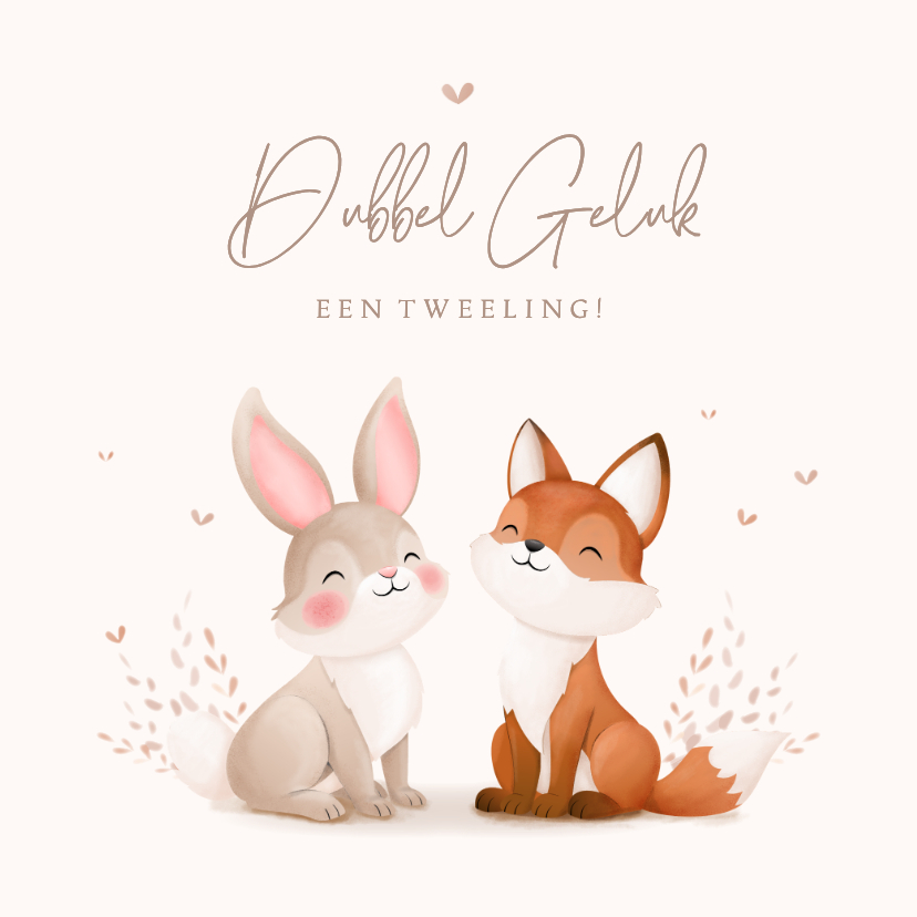 Felicitatiekaarten - Felicitatie tweeling mooie illustratie vosje en konijntje