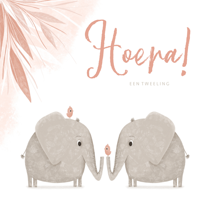 Felicitatiekaarten - Felicitatie tweeling roze jungle olifanten met vogels