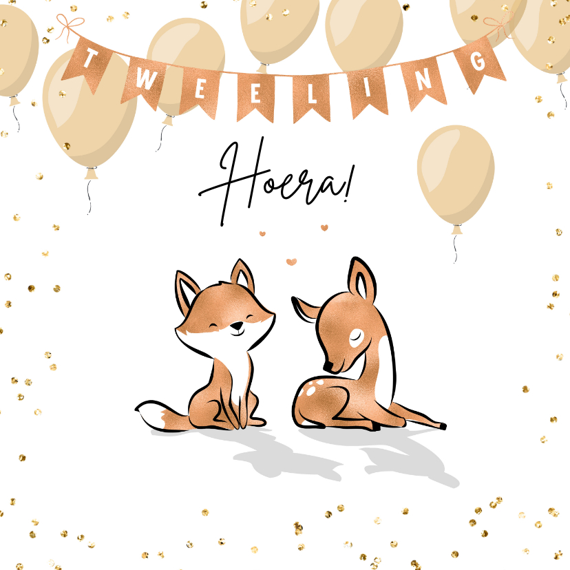 Felicitatiekaarten - Felicitatie tweeling vosje en hertje met ballonnen