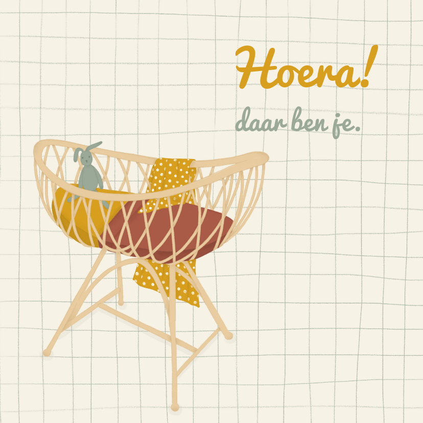 Felicitatie voor geboorte met een rotan wiegje en knuffel - Felicitatiekaarten Felicitatiekaarten - Felicitatie voor geboorte met een rotan wiegje en knuffel