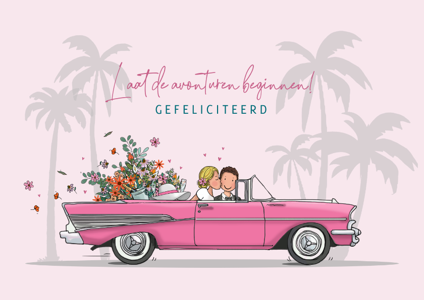 Felicitatiekaarten - Felicitatiekaart amerikaanse auto met bruidspaar