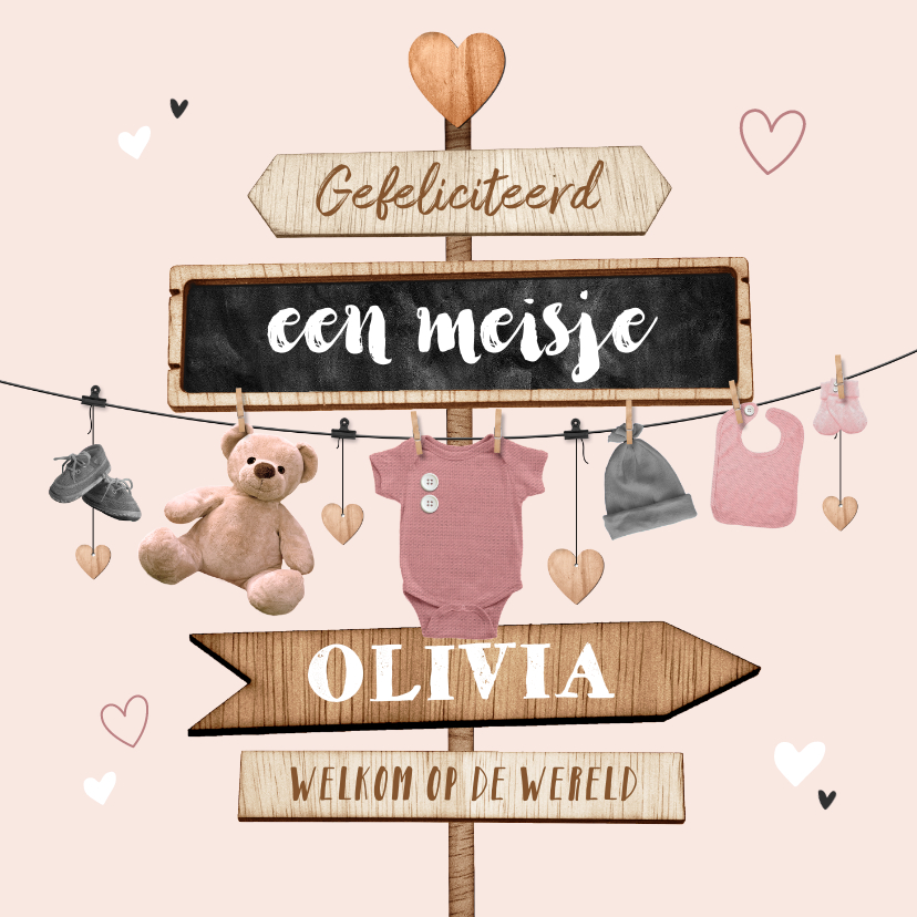 Felicitatiekaarten - Felicitatiekaart baby geboorte meisje babyspul wegwijzers