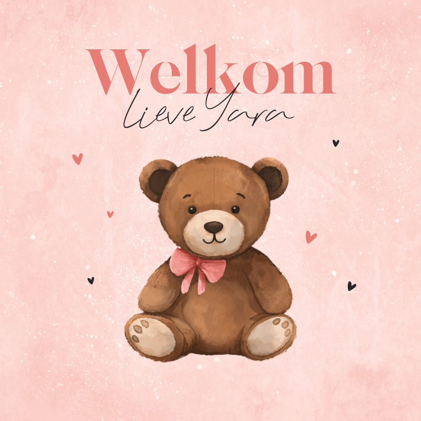 Felicitatiekaarten - Felicitatiekaart baby meisje teddybeer hartjes lief