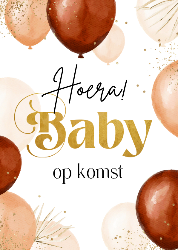 Felicitatiekaarten - Felicitatiekaart baby op komst ballonnen confetti goud