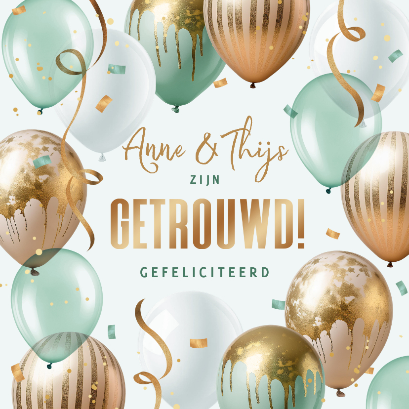 Felicitatiekaarten - Felicitatiekaart ballonnen mint goud getrouwd gefeliciteerd