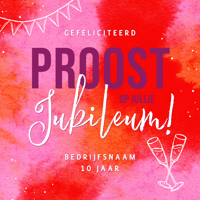 Felicitatiekaart bedrijfsjubileum hip roze paars proost - Felicitatiekaarten Felicitatiekaarten - Felicitatiekaart bedrijfsjubileum hip roze paars proost