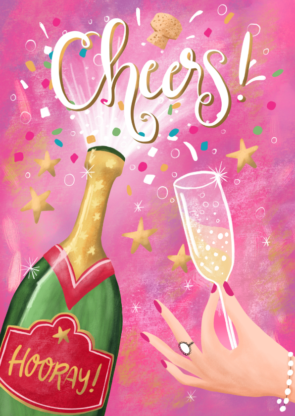 Felicitatiekaarten - Felicitatiekaart champagne en confetti cheers