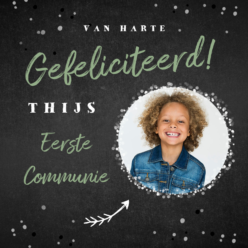 Felicitatiekaart communie krijt confetti hip foto - Felicitatiekaarten Felicitatiekaarten - Felicitatiekaart communie krijt confetti hip foto