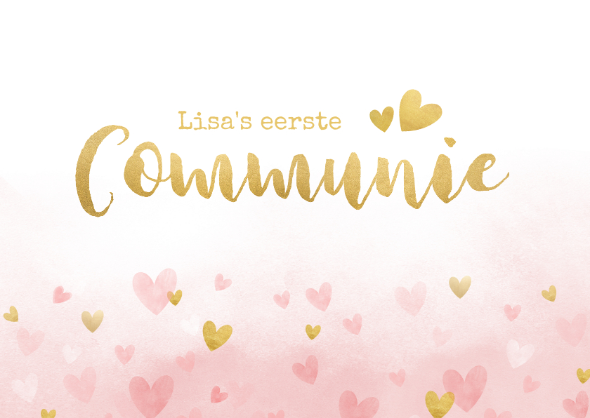 Felicitatiekaarten - Felicitatiekaart communie - roze waterverf met gouden hartje