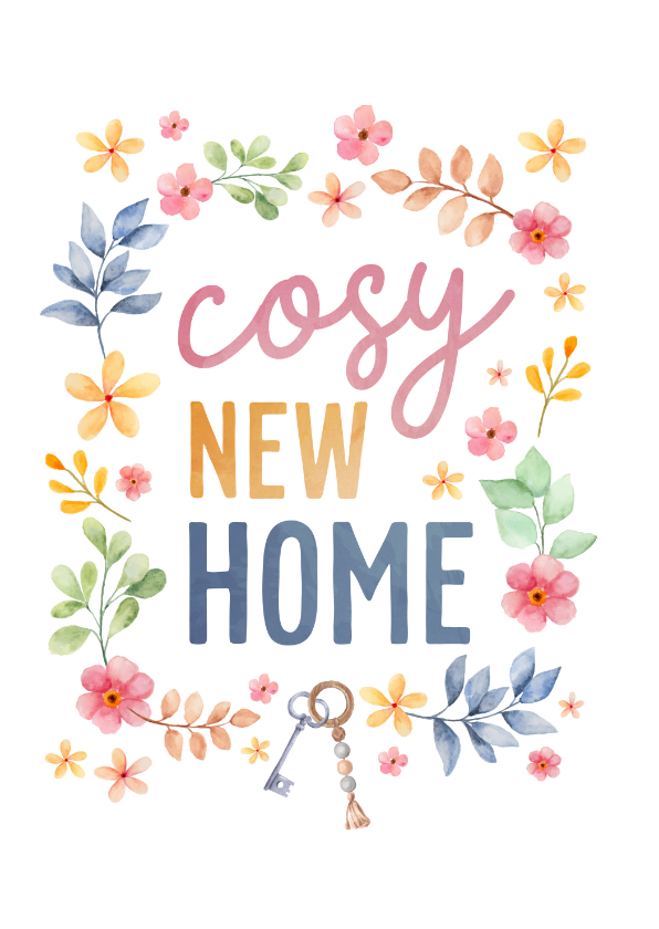 Felicitatiekaarten - Felicitatiekaart 'cosy new home' kleurrijke bloemen