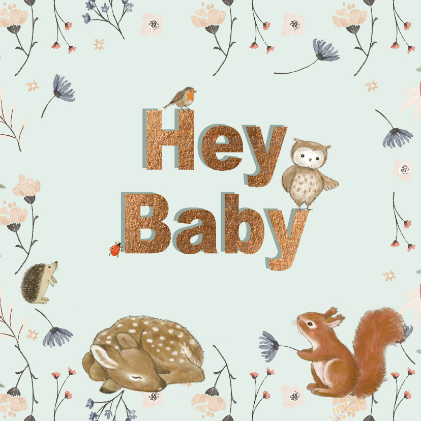 Felicitatiekaarten - Felicitatiekaart dieren met bloemen hey baby