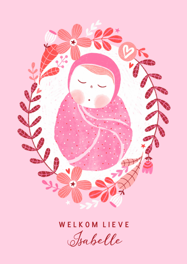 Felicitatiekaarten - Felicitatiekaart dochter baby botanisch roze en rood
