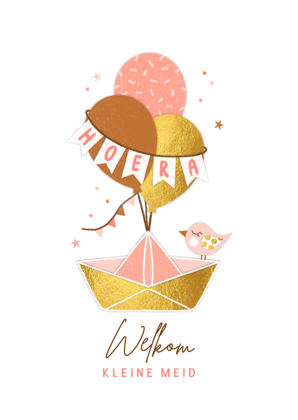 Felicitatiekaarten - Felicitatiekaart dochter papieren bootje goud roze ballonnen