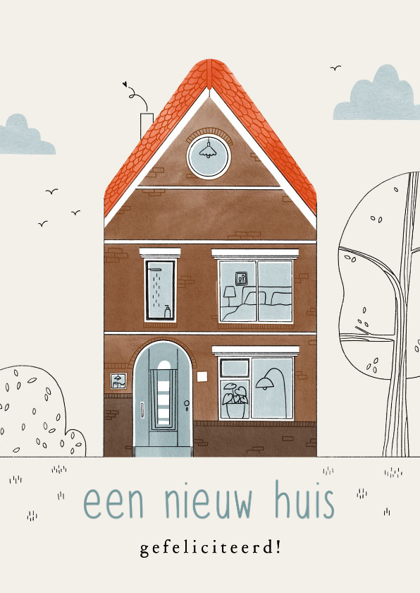 Felicitatiekaarten - Felicitatiekaart een nieuw huis illustratie jaren 30 woning