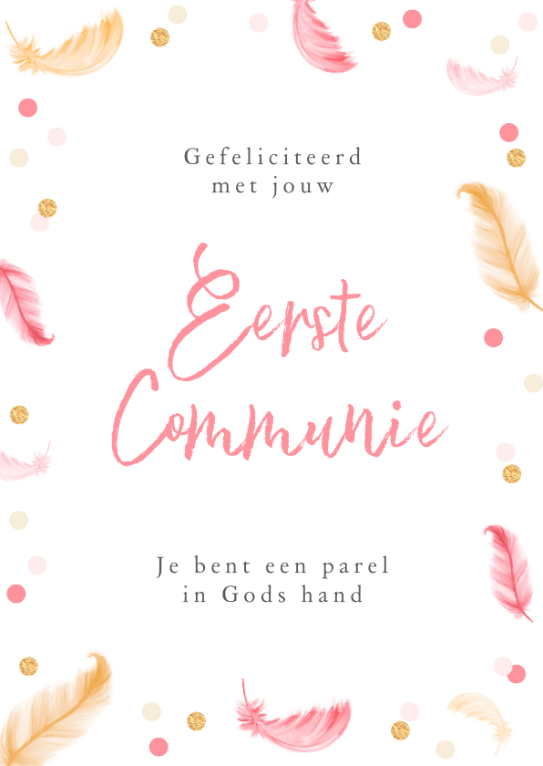 Felicitatiekaarten - Felicitatiekaart eerste communie veertjes roze meisje