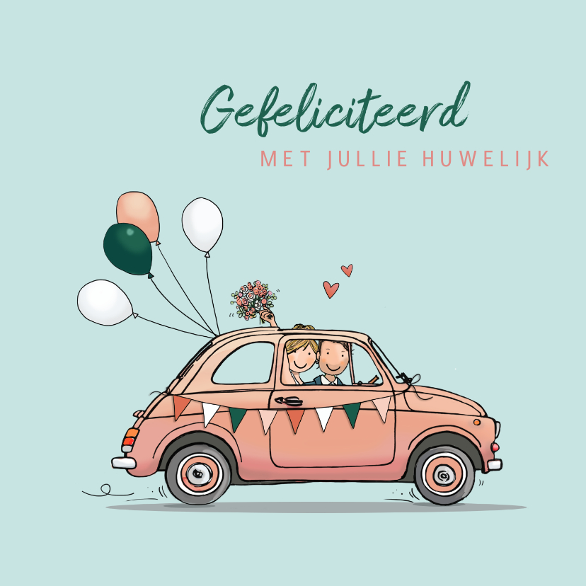 Felicitatiekaarten - Felicitatiekaart Fiat 500 met bruidspaar