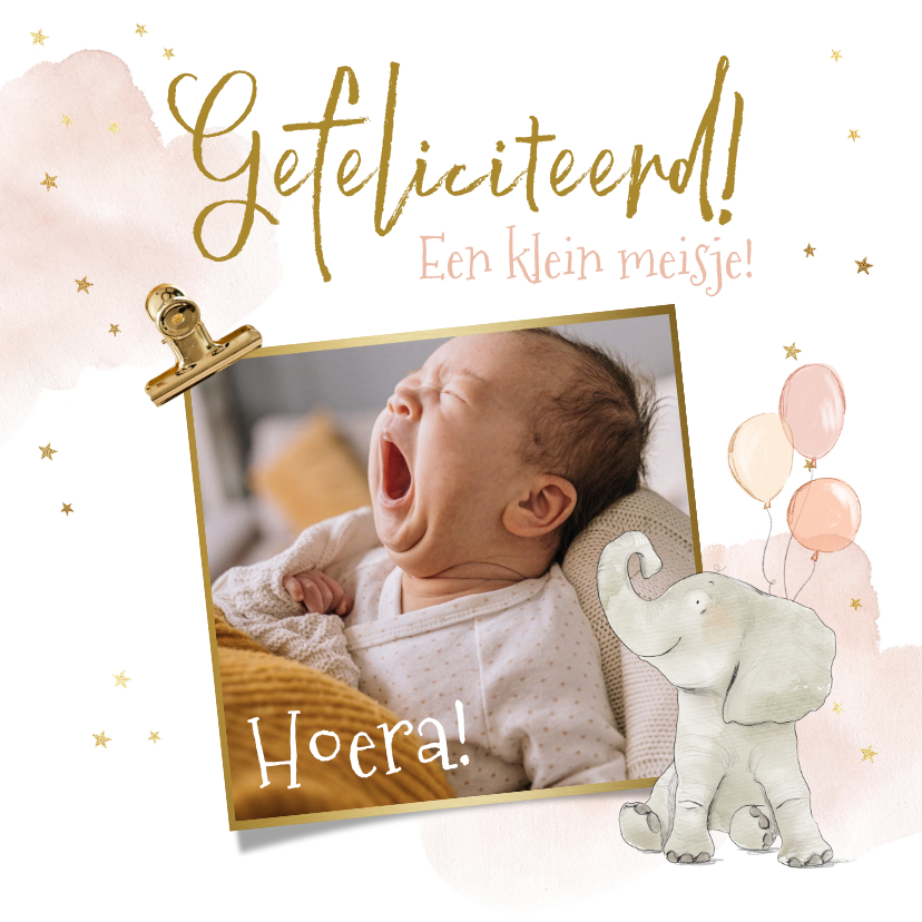 Felicitatiekaarten - Felicitatiekaart foto olifant ballonnen ster roze