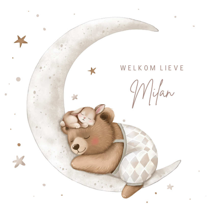 Felicitatiekaarten - Felicitatiekaart geboorte beer en konijn op maan met sterren