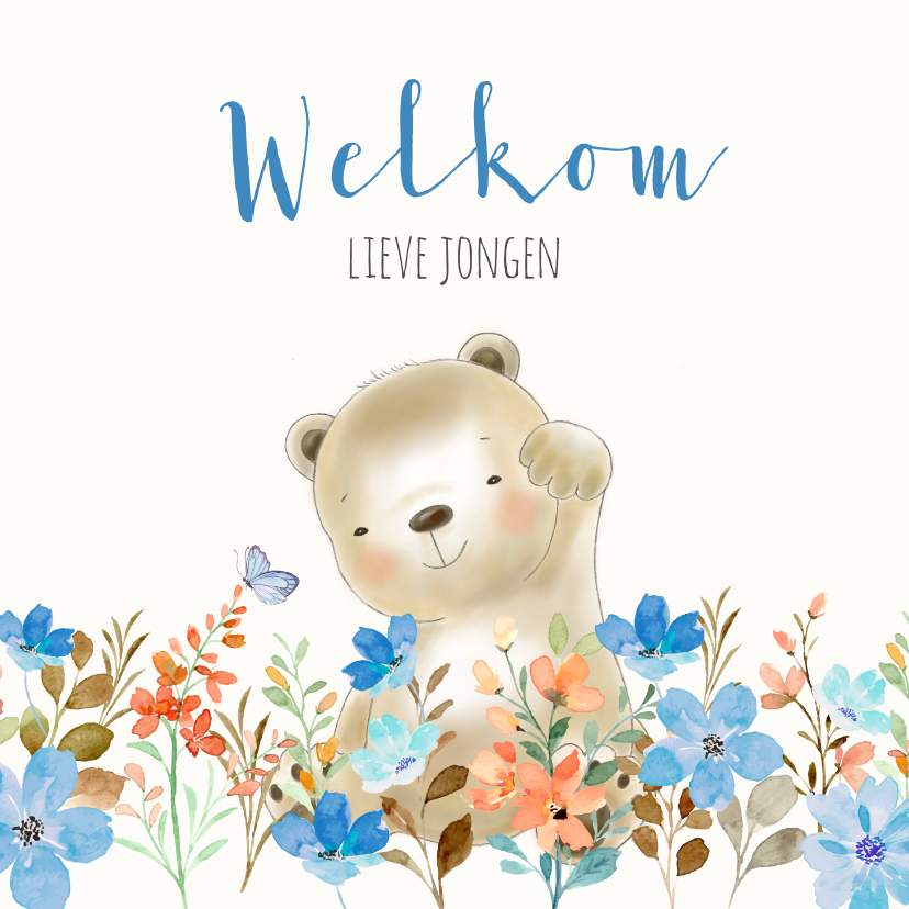Felicitatiekaarten - Felicitatiekaart geboorte beer met bloemen jongen