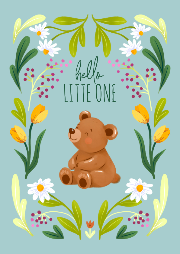 Felicitatiekaarten - Felicitatiekaart geboorte beertje bloemen