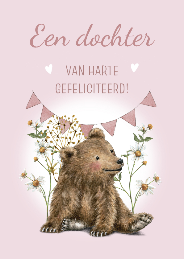 Felicitatiekaart geboorte beertje tussen bloemen meisje - Felicitatiekaarten Felicitatiekaarten - Felicitatiekaart geboorte beertje tussen bloemen meisje