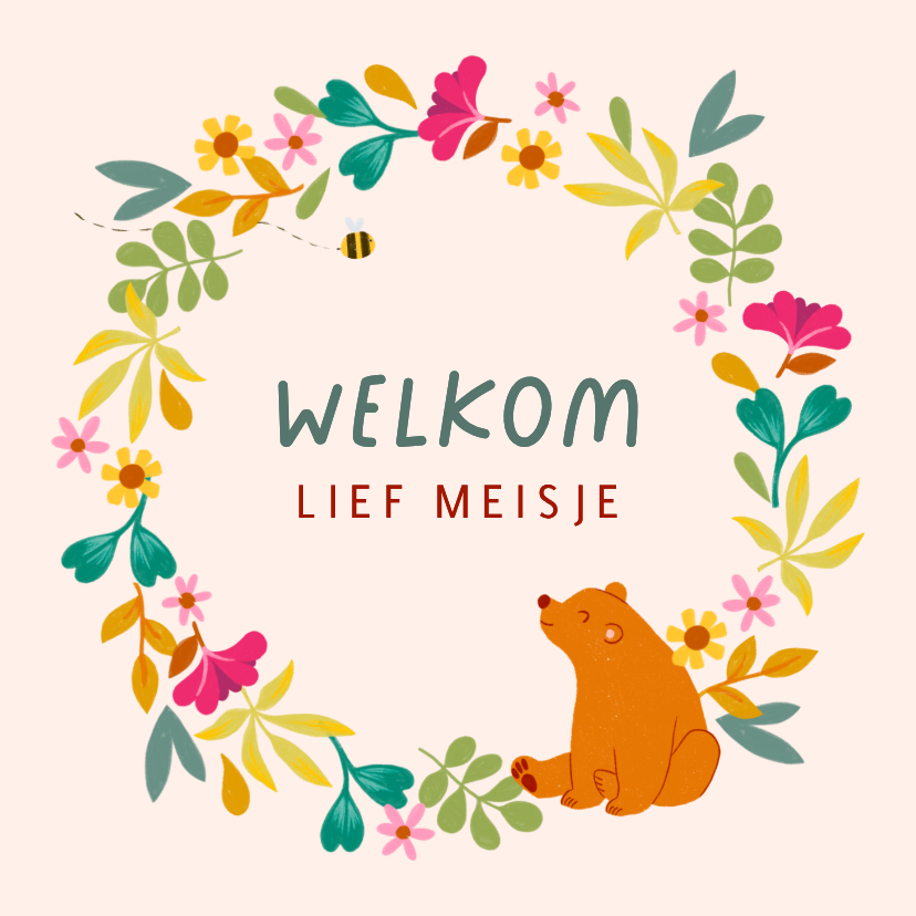 Felicitatiekaart geboorte bloemen beer - Felicitatiekaarten Felicitatiekaarten - Felicitatiekaart geboorte bloemen beer