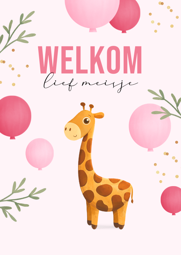 Felicitatiekaarten - Felicitatiekaart geboorte giraf ballonnen meisje dieren