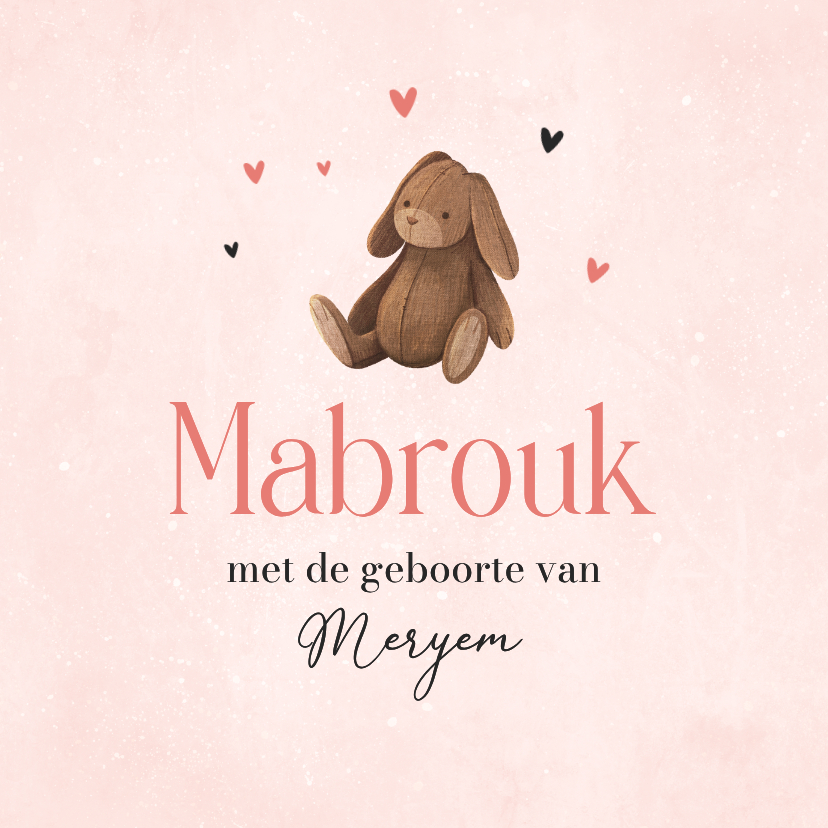 Felicitatiekaart geboorte islamitisch meisje roze konijn - Felicitatiekaarten Felicitatiekaarten - Felicitatiekaart geboorte islamitisch meisje roze konijn