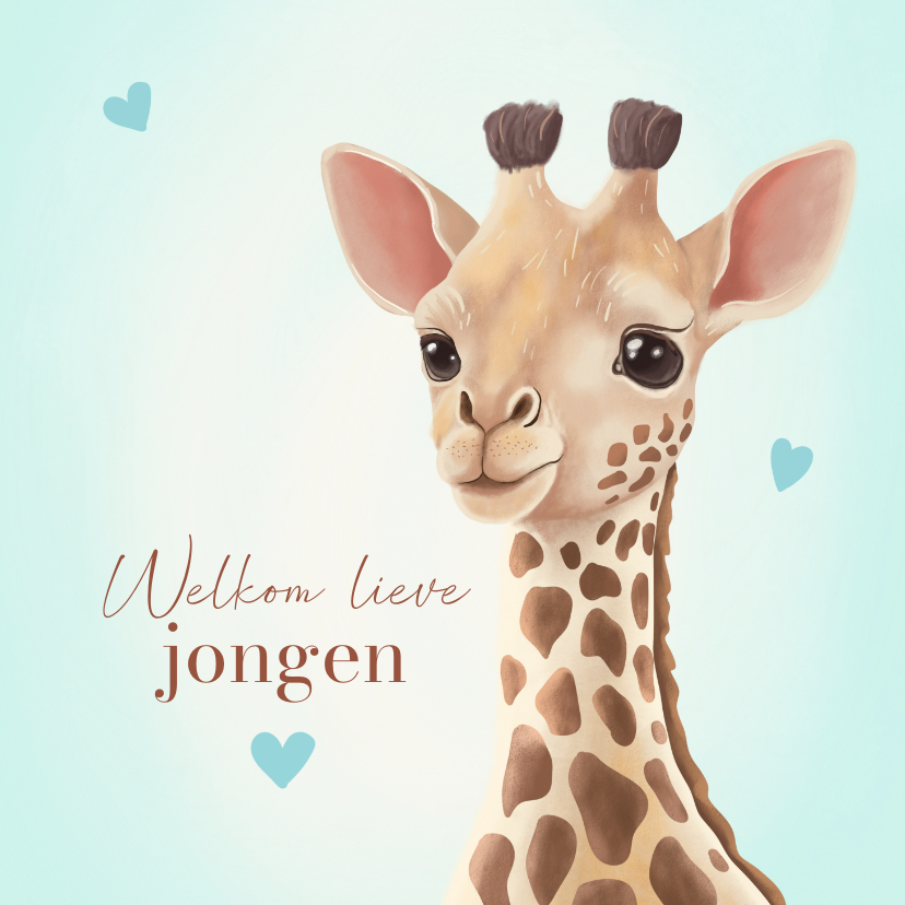 Felicitatiekaarten - Felicitatiekaart geboorte jongen giraf met hartjes